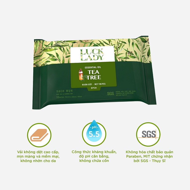 Khăn ướt ngừa mụn, mềm mịn da Luck Lady Tea Tree 10 tờ/gói - Combo 3 gói