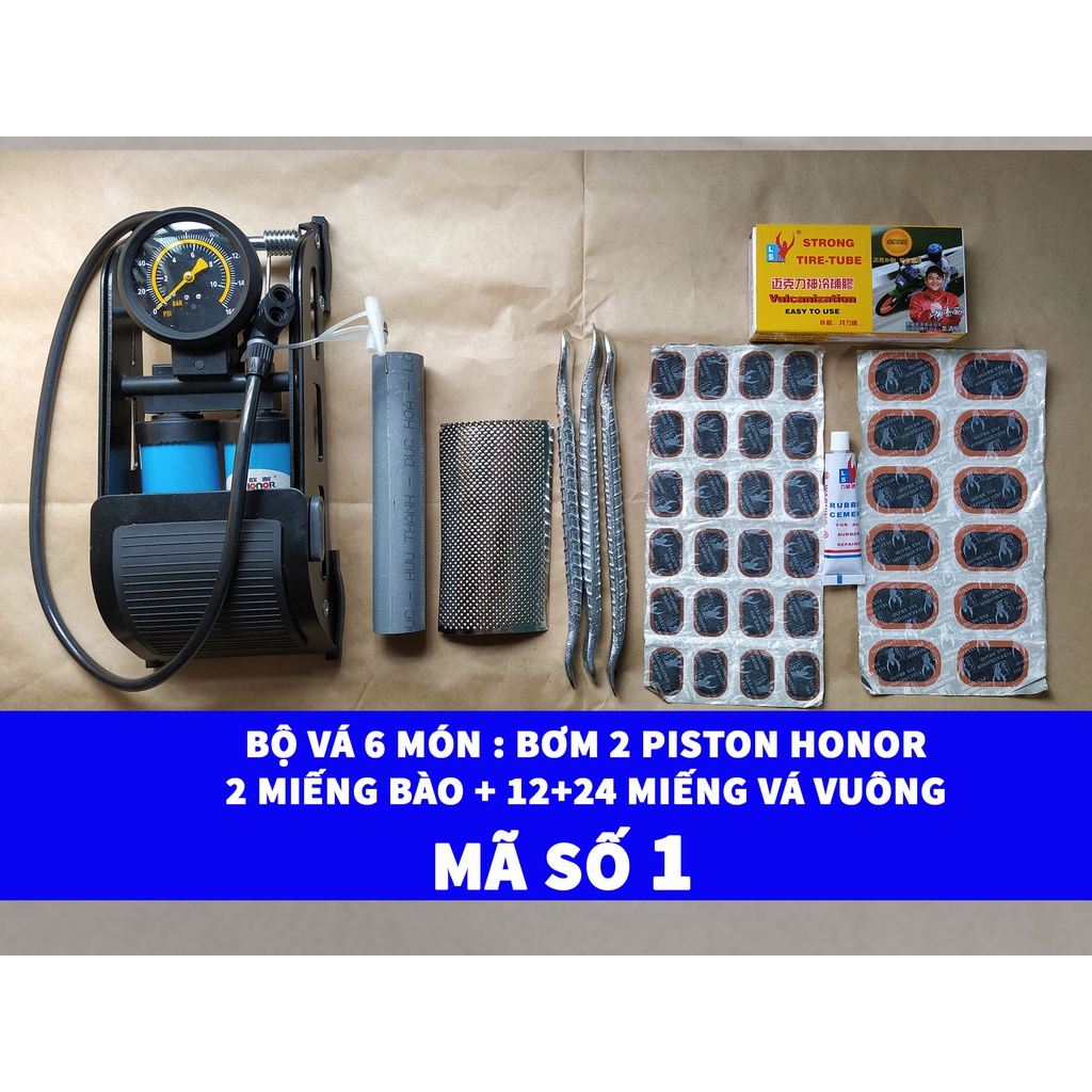 [Bơm Chân Honor 2 Piston] Bộ Vá 6 Món Ruột Xe Máy Và Xe Đạp Có Bơm Chân Honor 2 Piston + 2 Miếng Bào