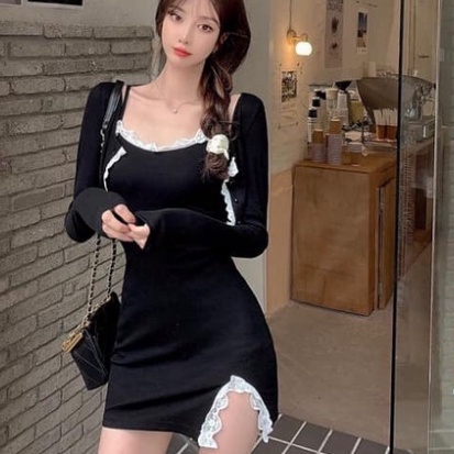 Váy 2 Dây phối ren cực xinh - Đầm ngủ 2 dây chất thun freesize phom ôm có xẻ đùi phối ren C050