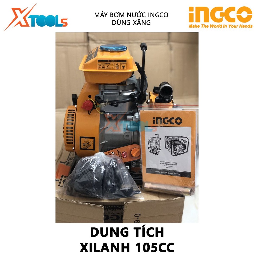 Máy bơm nước dùng xăng INGCO GWP102 | máy bơm nước Chiều cao bơm 16m, Lưu lượng bơm 100L/min, dung tích xilanh 105cc tăn