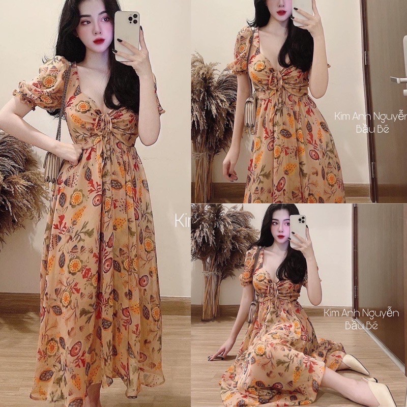 Đầm hoa vintage rút dây ngực dáng xoè , Đầm hoa vintage cao cấp