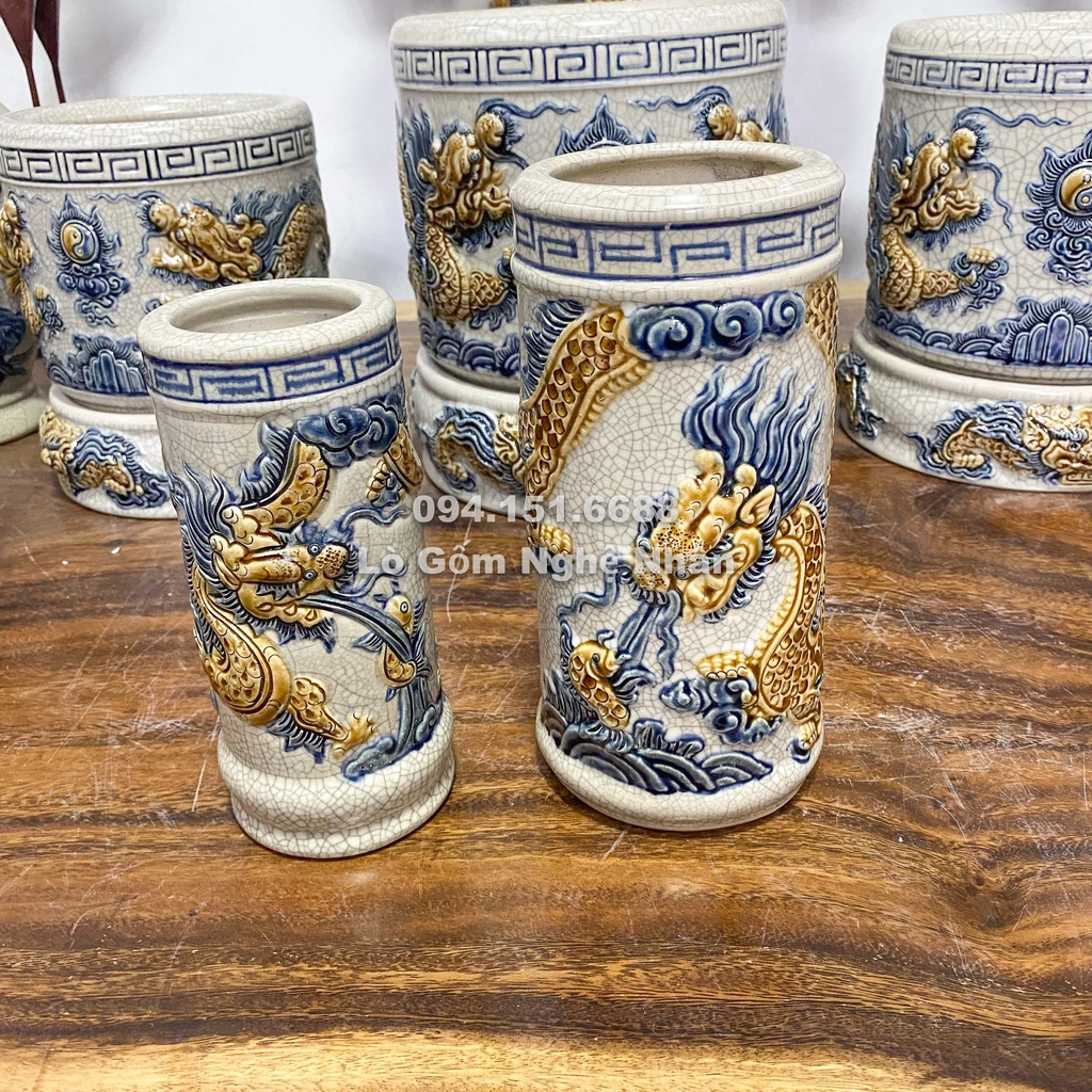 Lọ Đựng Hương, Ống Cắm Hương Rồng, Sen Thờ Cúng men rạn -  Đồ Thờ Cúng Bát Tràng