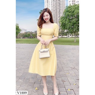 Váy vàng xòe thiết kế V1889 - Đẹp Shop DVC (Kèm ảnh thật trải sàn do shop tự chụp)