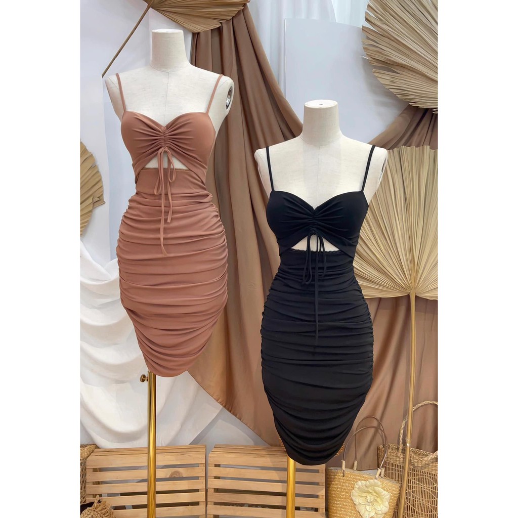 Đầm Hai Dây Body Nhún Eo Sexy Màu Nude Tôn Dáng Đi Tiệc Sang Trọng