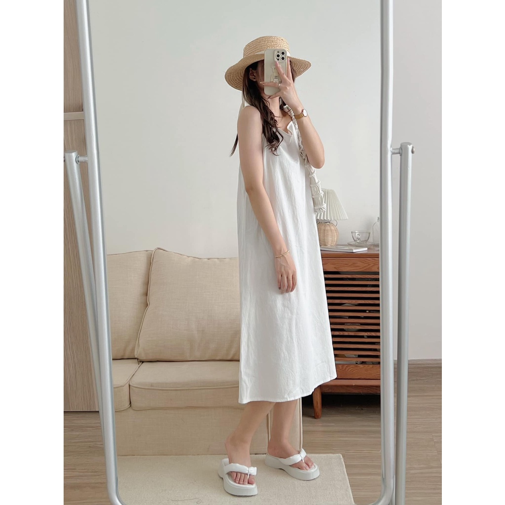 [Sẵn/Ảnh thật] Váy 2 dây dáng suông đi biển rút dây - Đầm 2 dây maxi dáng dài thắt nơ sau