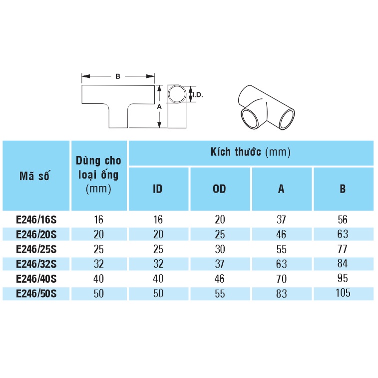Co , cút chữ T không nắp D16 Sino E246/16S