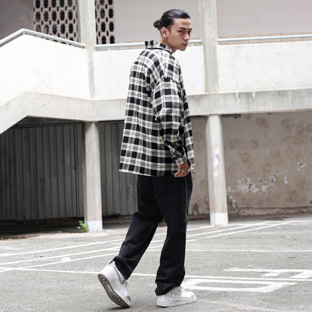 Áo Sơ Mi Flannel Màu Trắng Sọc Vàng Đen Form Rộng Thoải Mái Chất Liệu Cotton Thoáng Mát