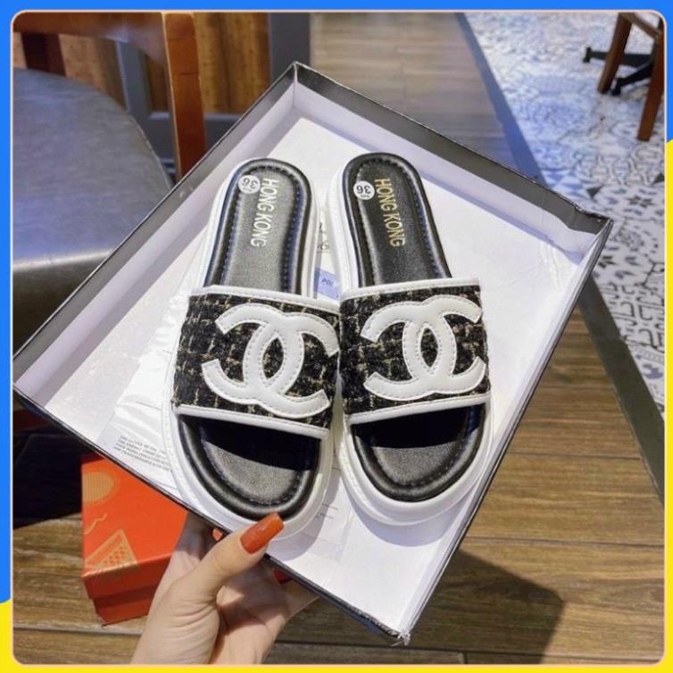 👉DÉP BÁNH MÌ CHANEL ĐẾ PU 4CM_MÃ DPU004_ĐEN Hàng Loại 1