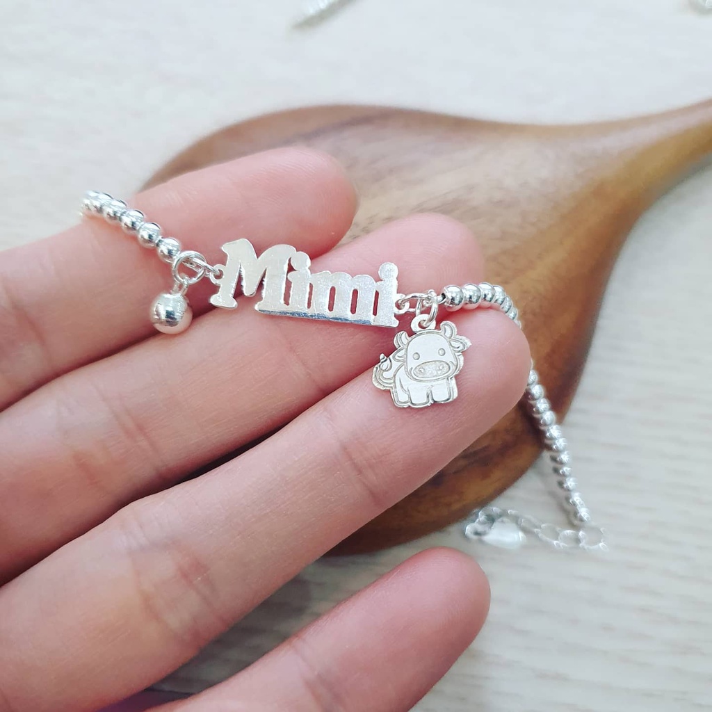 Lắc bi bạc ta nguyên chất treo chuông và con giáp theo tuổi và bảng tên bạc khắc laze theo yêu cầu cho bé và người lớn