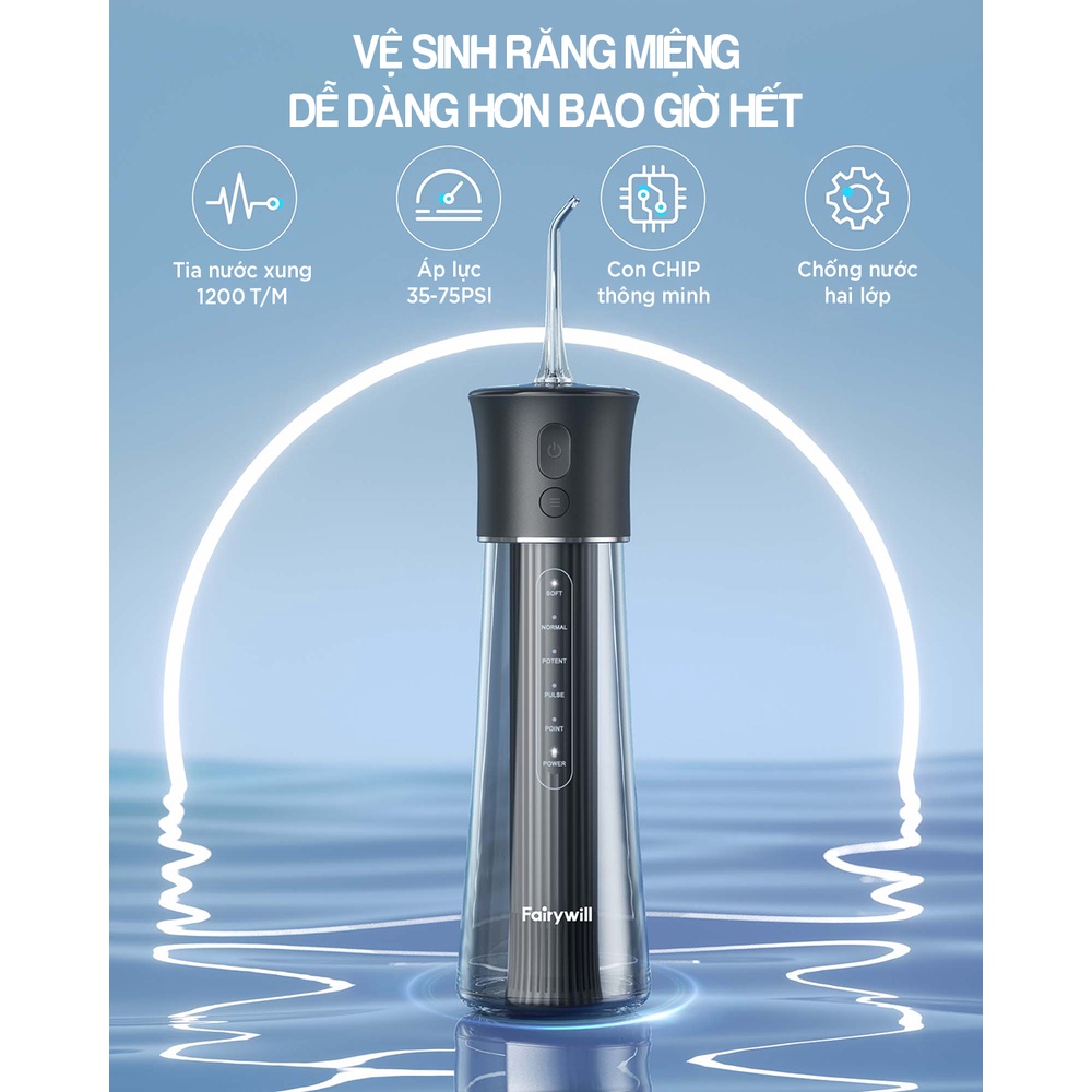 Máy tăm nước FAIRYWILL F30 dòng cầm tay du lịch sử dụng lên tới 70 ngày tặng kèm 6 đầu tăm