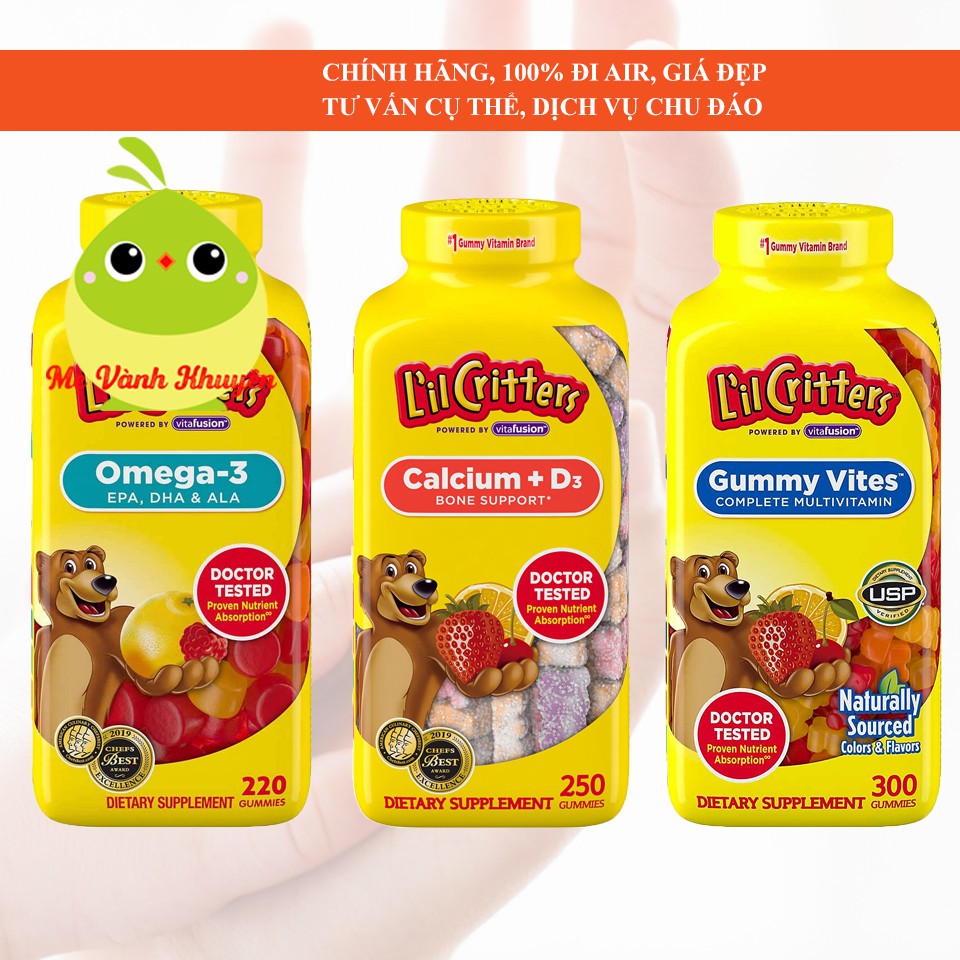 Kẹo dẻo Gấu cho trẻ L'il Critters Gummy Vites/Omega 3/Calcium D3, Mỹ (300/220/250v)