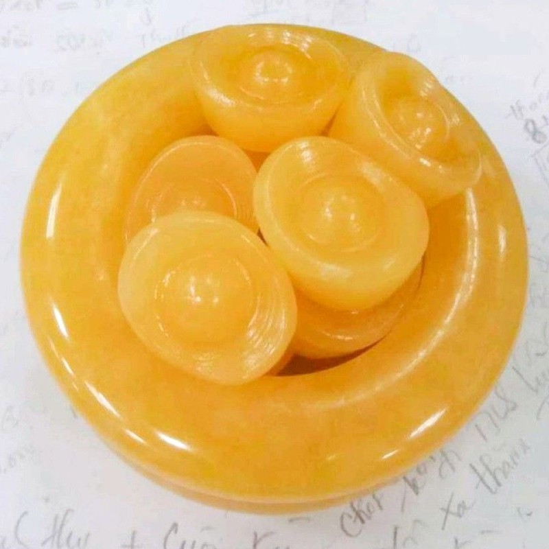 Bát Tụ Bảo  có đế gỗ Đá Ngọc Hoàng Long Chiêu Tài Lộc , kích thước 10cm + 10 thỏi vàng