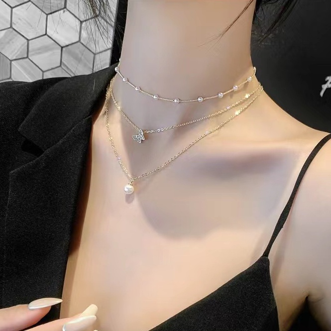 Dây Chuyền Nhiều Lớp Mặt Hình Bướm Đính Ngọc Trai Thời Trang