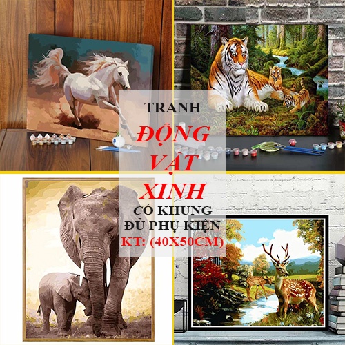 Tranh Số Hóa, Tô Màu Theo Số, Có Khung, Đủ Phụ Kiện - ĐỘNG VẬT XINH