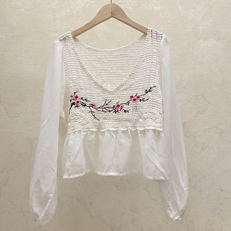 Brroa Áo Thun Đan Móc Tay Phồng Thêu Hoa Kiểu Retro Cho Nữ