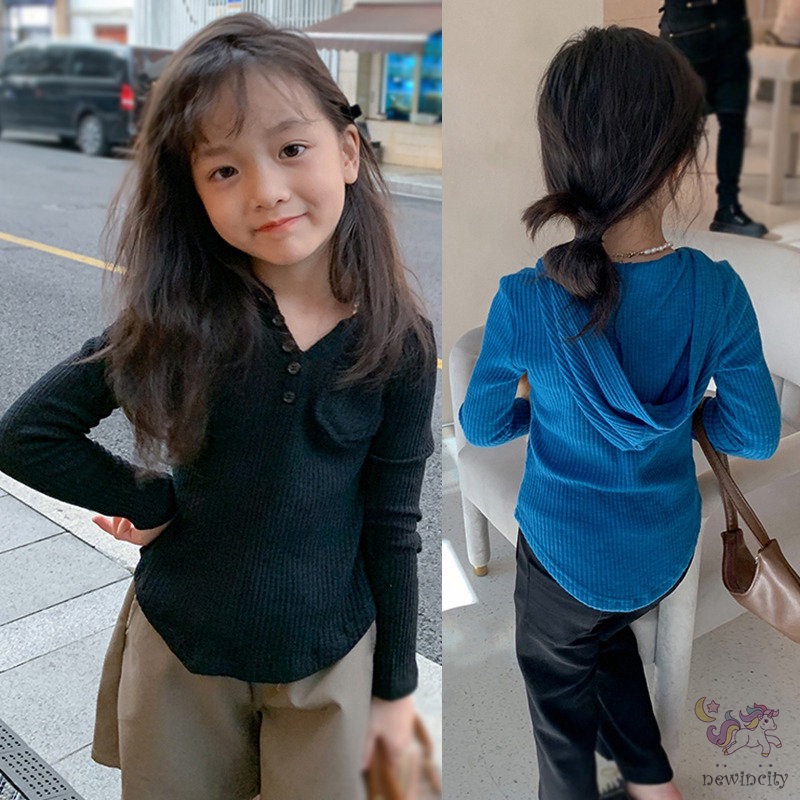 Áo Thun Dệt Kim Tay Dài Có Mũ Trùm Phong Cách Hàn Quốc Thời Trang Mùa Thu Cho Bé Gái