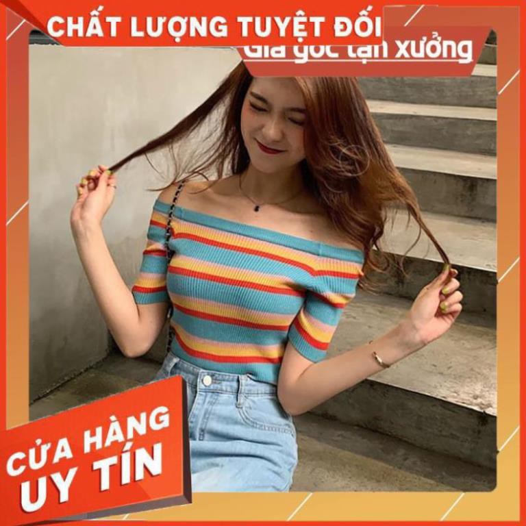 [HÀNG QUẢNG CHÂU] Áo dệt kim nữ trễ vai tay lửng họa tiết sọc nhiều màu xinh yêu