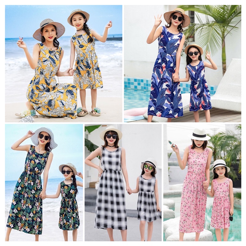 Đầm Cotton Dáng Dài Không Tay In Hoa Thời Trang Xuân Hè Dành Cho Mẹ Và Bé Size S-XL 110-160cm
