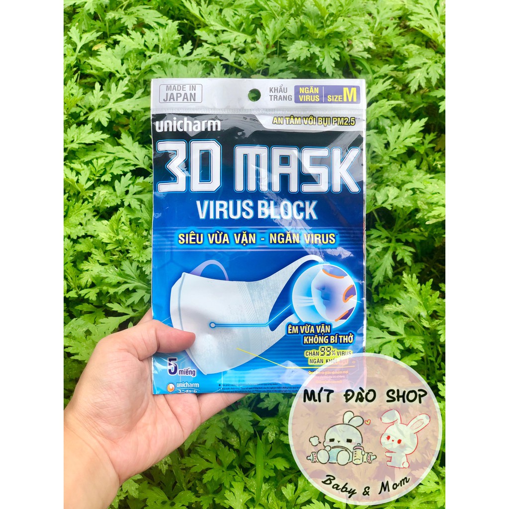 Khẩu trang ngăn vi khuẩn Unicharm 3D Mask Virus Block size S/M/L gói 5 cái