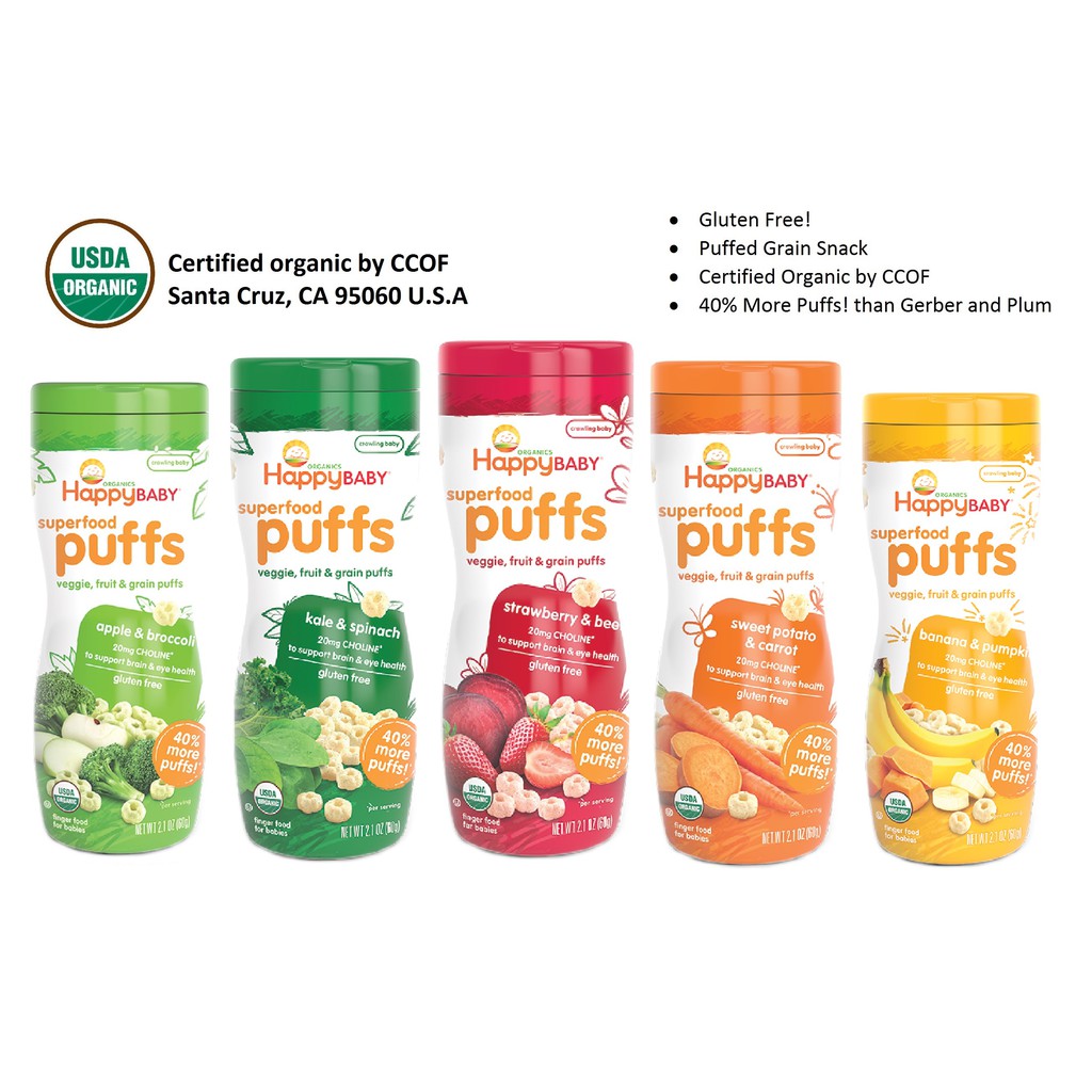 Bánh ăn dặm hữu cơ Happy Baby Organic Puffs 7M+ 60gr_Air 100%_Date 2022