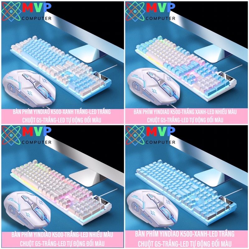 Combo Chuột Bàn Phím Máy Tính Laptop Gaming YINDIAO K500-G5 LED Xuyên Chữ Mix Nhiều Màu Hồng Tím Xanh Trắng Đen Xám