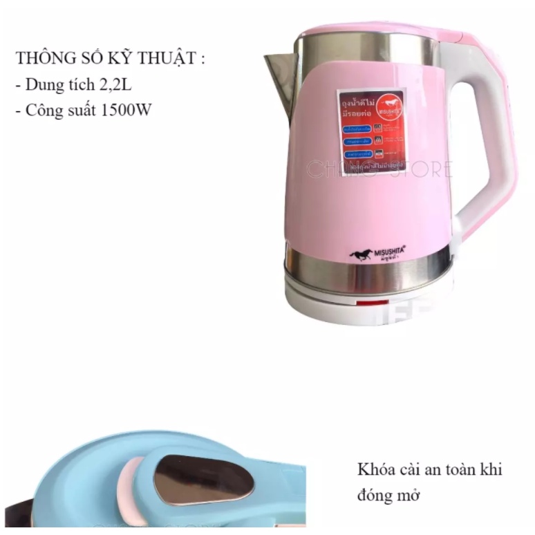 Ấm Siêu Tốc Thái Lan MISUSHITA MS-1020 2.2L- Công Suất 1500W Cao Cấp, Siêu Tiện Dụng - nhacuamin