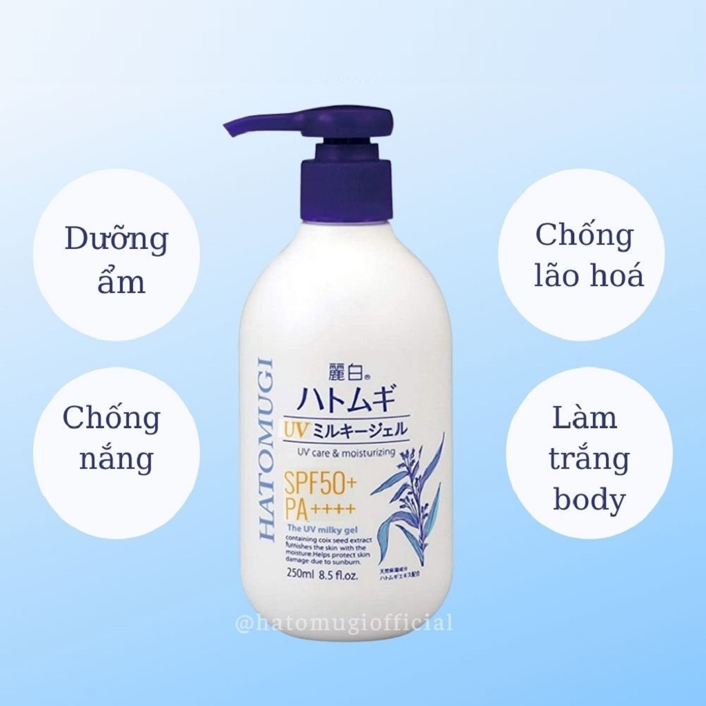 Sữa Dưỡng Thể Chống Nắng, Dưỡng Ẩm Hatomugi UV Care &amp; Moisturizing SPF 50+ PA++++ UV Milky Gel 250ml/80g - Vàng