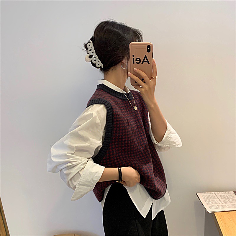 Áo Dệt Kim Sát Nách Cổ Tròn Dáng Rộng Màu Sắc Tương Phản Thời Trang Mùa Thu Cho Nữ