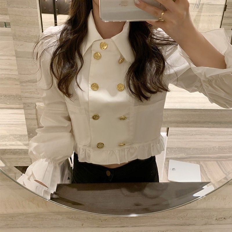 Áo sơ mi hai hàng cúc lính chì tay bo cổ đức nữ tính phong cách hàn quốc - Có ảnh thật