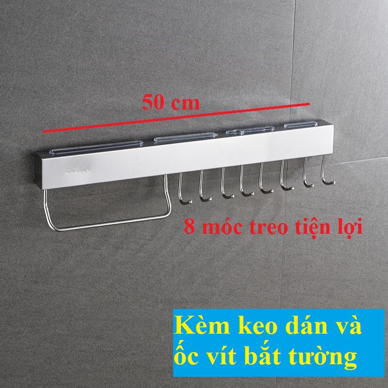 50cm - Kệ để dao, kéo, thớt, muỗm đa năng INOX SUS304 gắn tường gạch men - kèm vít và keo dán - Dài 50cm