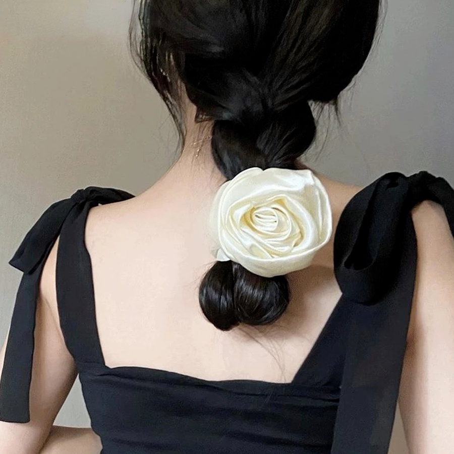 Dây buộc tóc co giãn vải satin họa tiết hoa hồng sang trọng cho nữ
