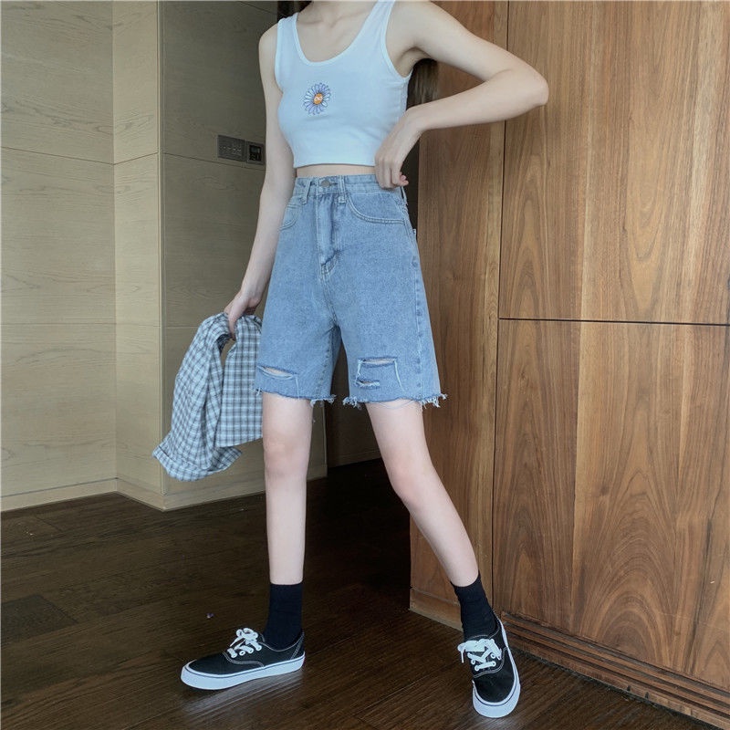 COZOK Quần Short denim Lưng Cao Ống Rộng Phối Rách Kiểu Hàn Quốc Cá Tính