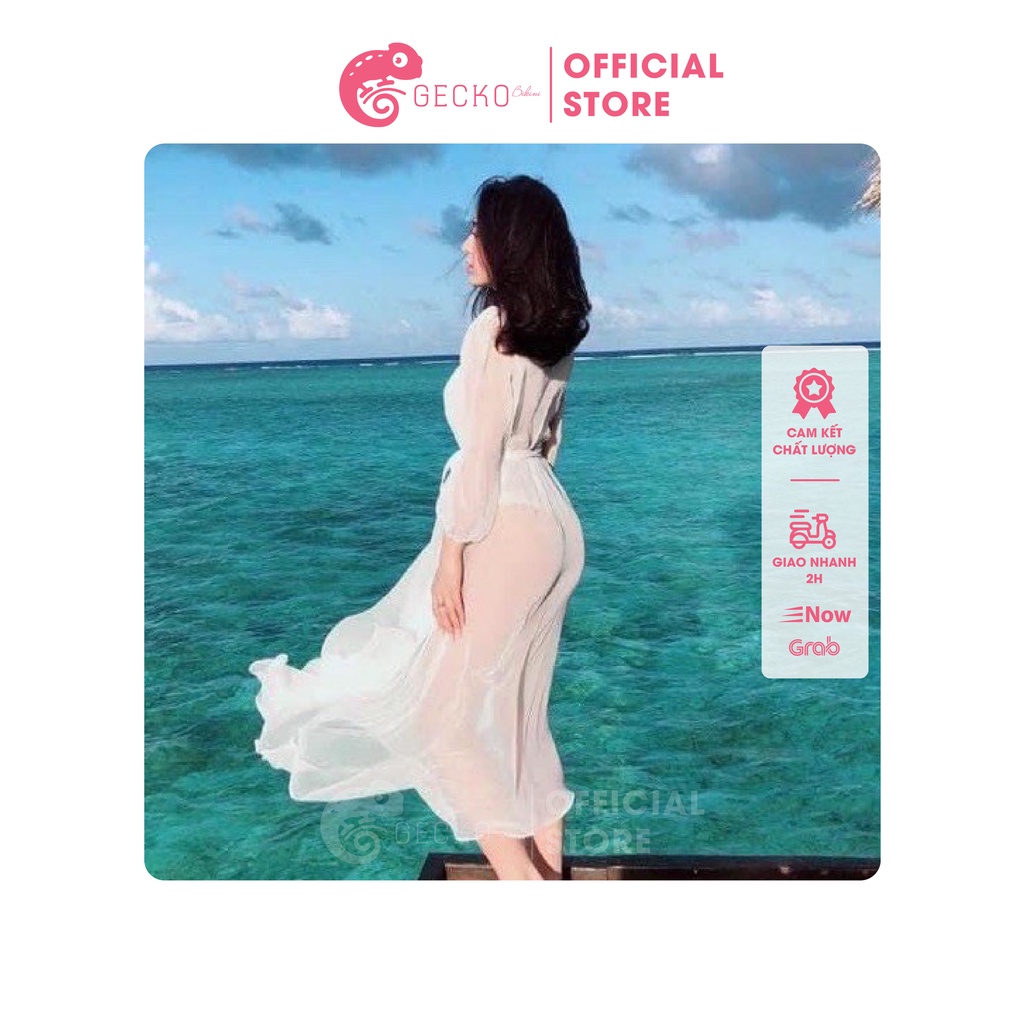 Áo Khoác Kimono Đi Biển Dáng Dài, Áo Choàng Bikini Chân Váy Voan GK0402 (Ảnh Thật) Có Dây Cột Eo