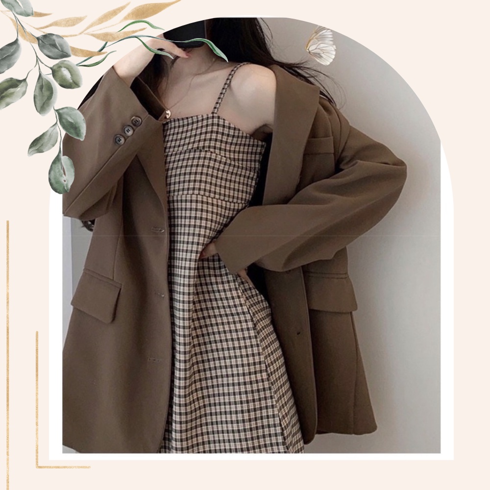 Set áo blazer + váy hai dây kẻ suông phong cách Hàn Quốc • 2ENDSHOP