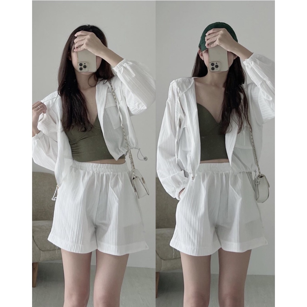 Set thể thao áo khoác nhăn dài tay kèm quần short màu trơn