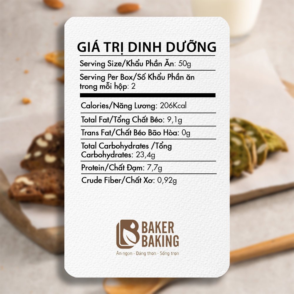 Bánh Biscotti Baker Baking nguyên cám mix không đường, không chất bảo quản dành cho người tiểu đường, ăn kiêng 100-500g