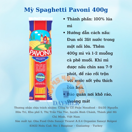 Mỳ ý Spaghetti Pavoni 400gr hsd 11/11//2023