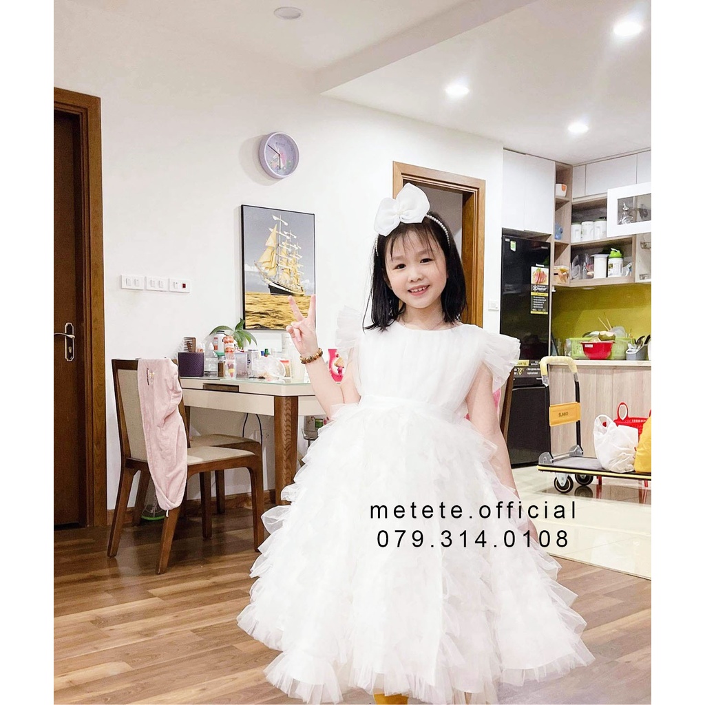 Váy đầm công chúa thiết kế cho bé gái xếp nhiều tầng trắng đan dây lưng tay tộc xinh xắn - Mẹ Tê Tê