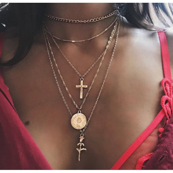 Vòng cổ choker nhiều lớp hợp kim cá tính - dây chuyền charm đồng xu hy lạp thánh giá chain necklace jewelry - Hades.js