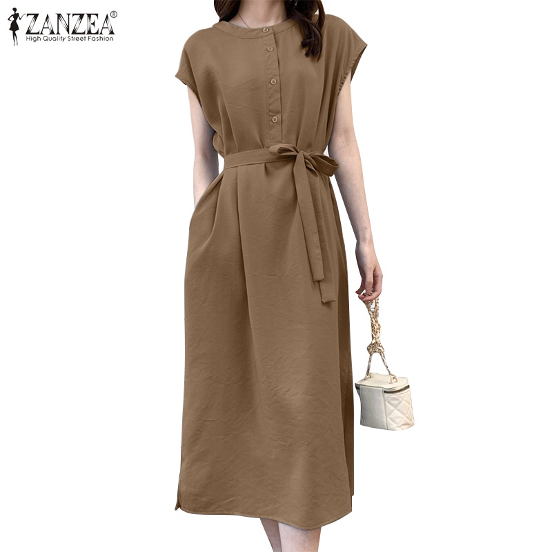 Đầm ZANZEA cổ tròn tay ngắn có nút cài phía trước thời trang cho nữ
