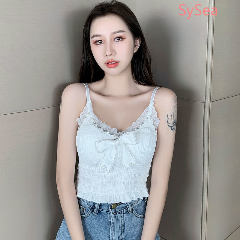 Áo hai dây dáng ôm cổ chữ V đính ngọc trai nhân tạo thời trang mùa hè