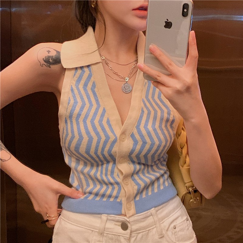 Áo Dệt Kim Cổ Yếm Phong Cách Hàn Quốc Xinh Xắn Dành Cho Nữ