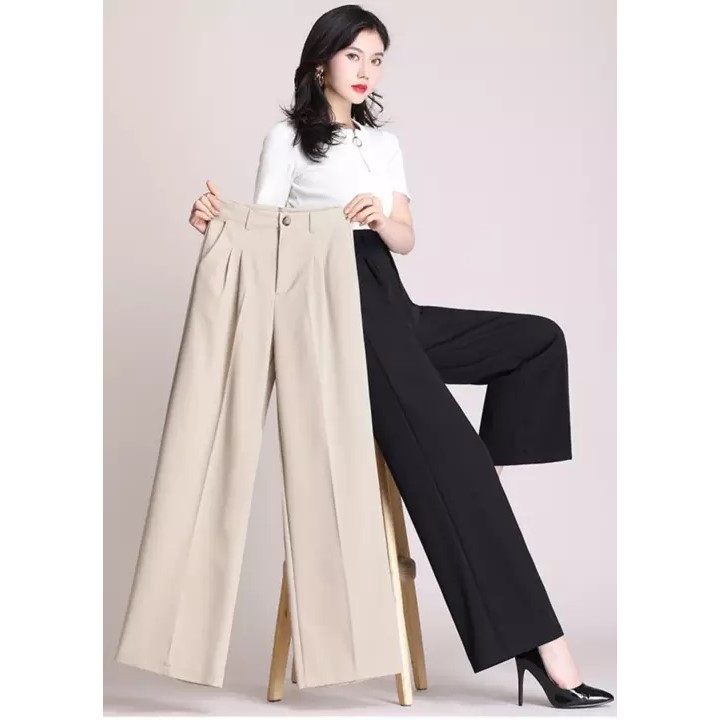 Quần vải nữ ống rộng Culottes cạp lưng cao khóa trước cúc thật dáng đứng siêu dài 95cm Q2D18