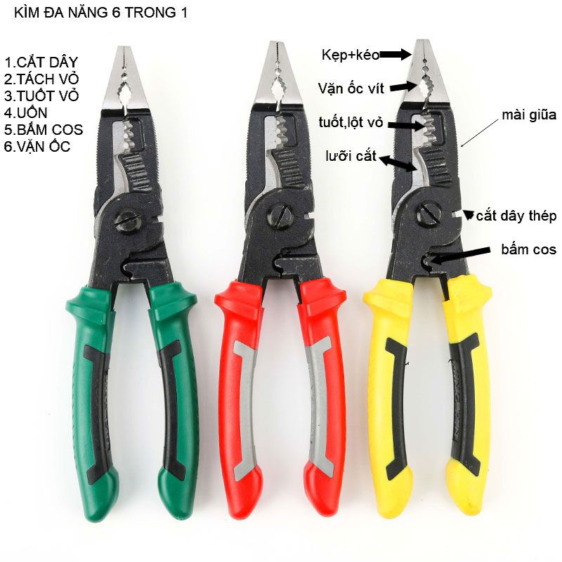 KÌM KIỀM đa năng thợ điện chuyên nghiệp, cắt dây điện, tách , tước vỏ dây,bấm cos, uốn cong,vặn bu lông ốc vít......