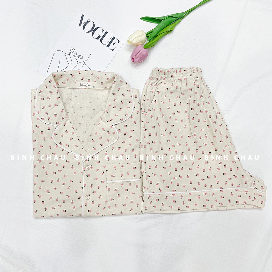 Bộ đồ ngủ tay ngắn hoa hồng nhí BÌNH CHÂU chất thô đũi cara mát mịn phong cách hàn quốc - Bình Châu Sleepwear Clothing