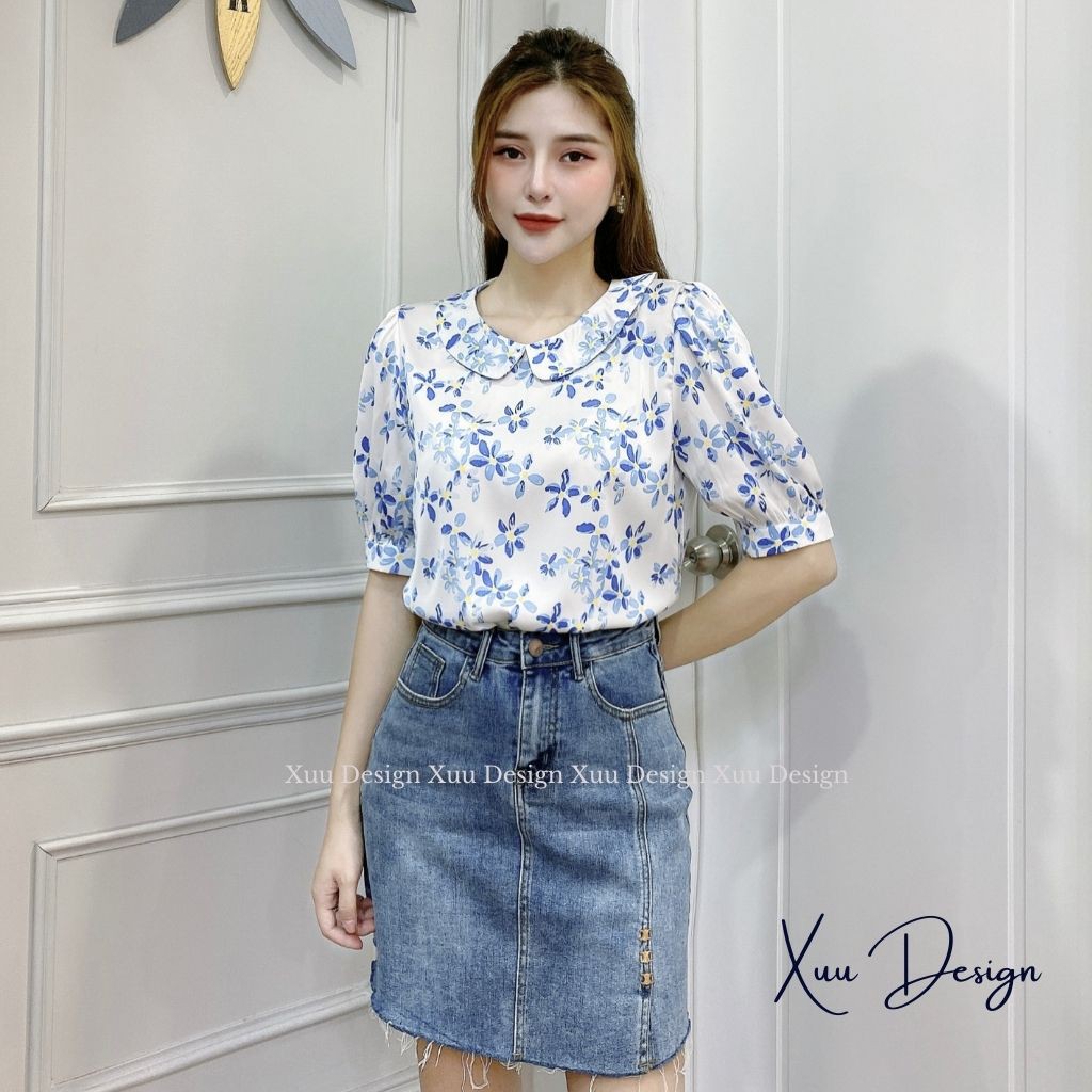 Áo sơ mi nữ Xuu Design Áo kiểu nữ hoa nhí tay lỡ thời trang màu tươi sáng trẻ trung phong cách công sở - Xu14