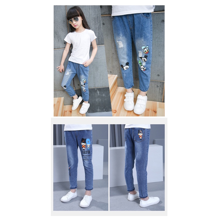 Xả kho hà giá chất lượng đảm bảo！！Quần jean In hoa hình hoạt  rách  kiểu Hàn Quốc dễ thương  cho bé gái