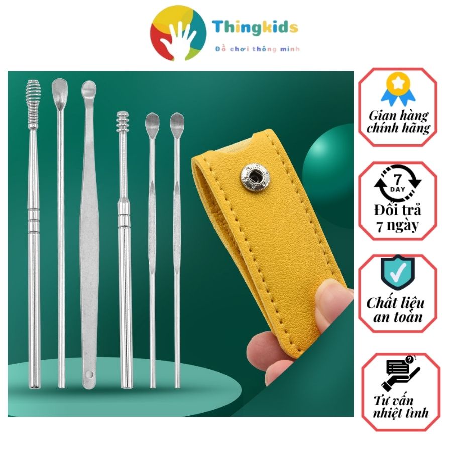 Dụng cụ lấy ráy tai, ngoáy tai 6 chi tiết tặng kèm túi da làm móc chìa khóa tiện lợi - Thingkids