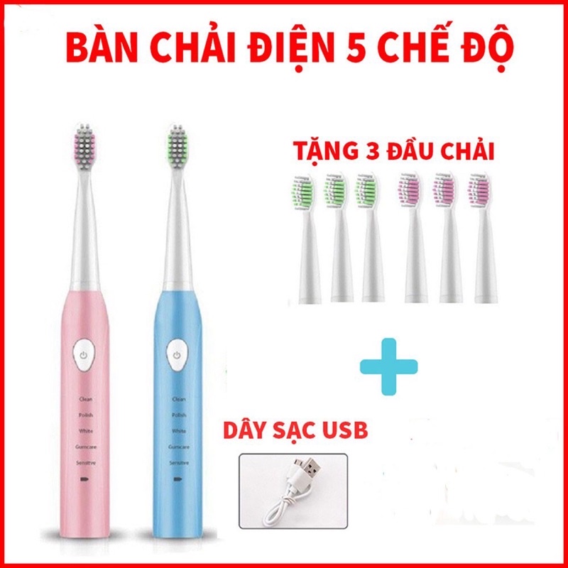Bàn Chải Điện 5 Chế Độ Tặng Kèm 3 Đầu Chải Sử Dụng Cho Mọi Lứa Tuổi