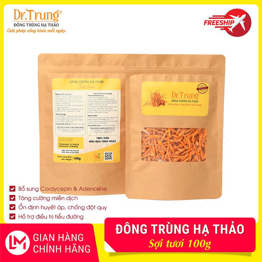 Đông trùng hạ thảo DR. TRUNG (Sợi Tươi - Gói 100 Gram) - Loại CAO CẤP (Adenosine &amp; Cordycepin cao tăng miễn dịch